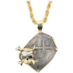 14k Pendant Featuring Spanish Silver "Reale" Cob Coin with Skull and Crossbones