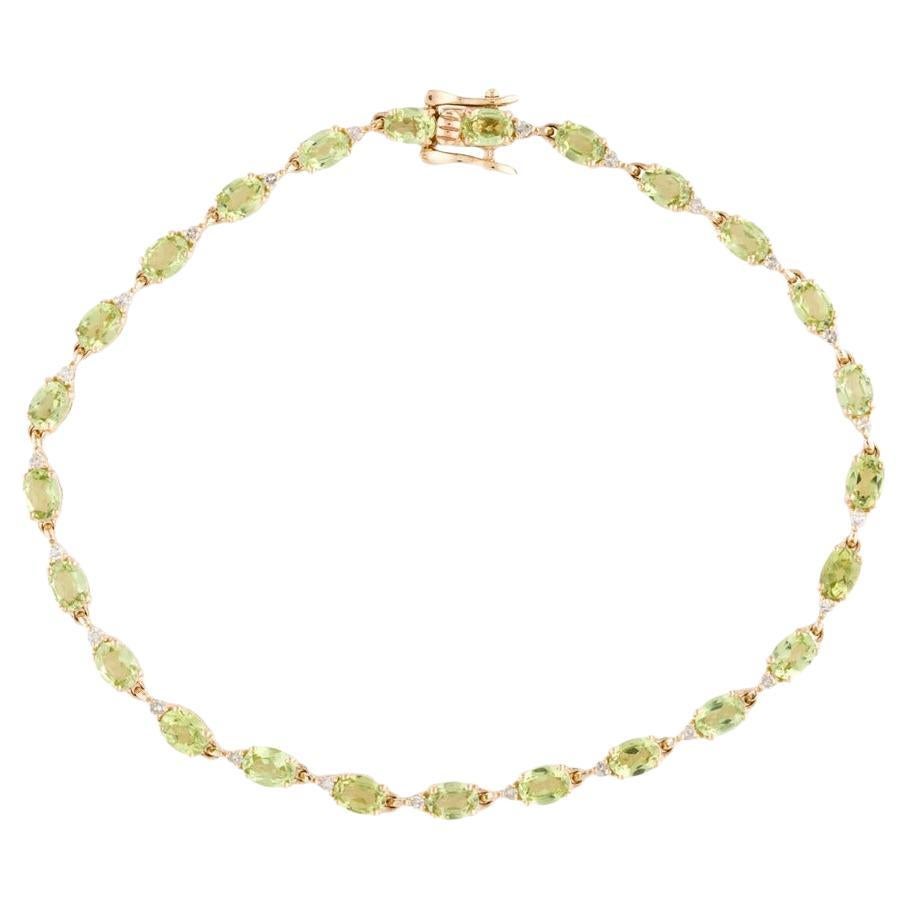 14K Peridot & Diamond Link Bracelet - Elegant Design, Green Gemstones, Sparkling For Sale