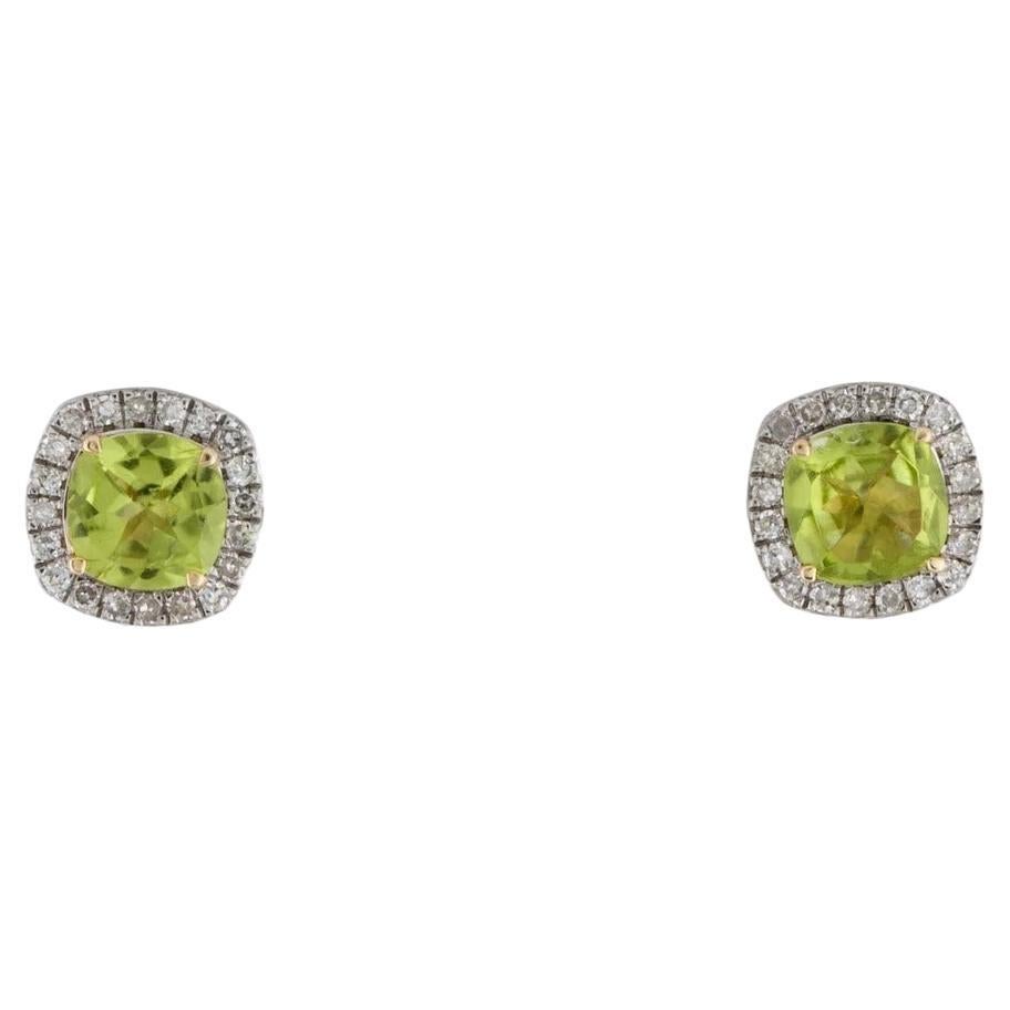 14K Peridot & Diamond Stud Earrings, 1.60ctw - Classic Design, Green Gemstones For Sale