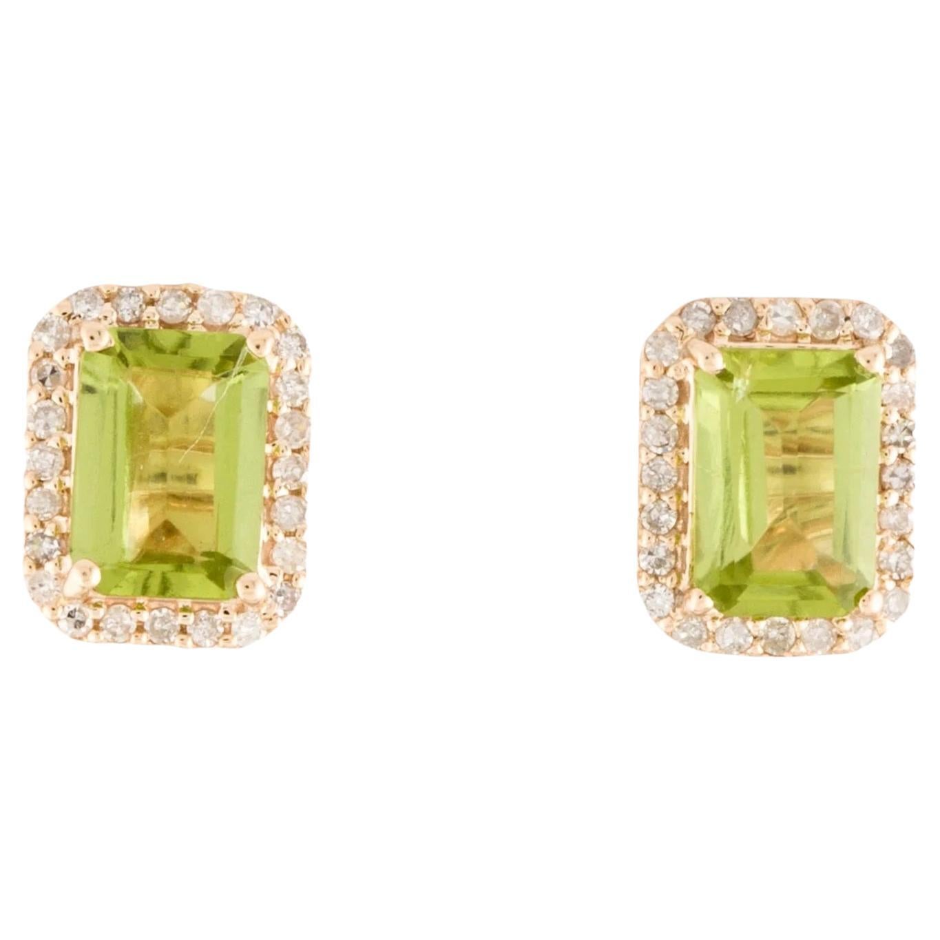 14K Peridot & Diamond Stud Earrings, Green Oval Stones, 0.18ct Total Diamond  For Sale