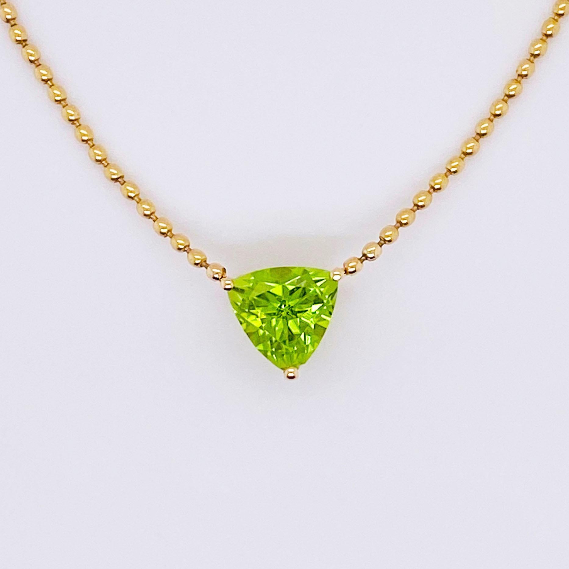 Trillion Cut Trillion Peridot 1.25cts Stationary Pendant Necklace 14K Yellow Gold For Sale