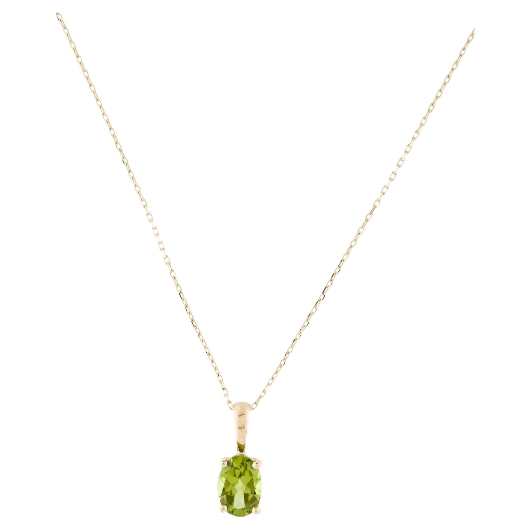 14K Peridot Pendant Necklace, 0.90ct Oval Modified Brilliant Green Stone, 16" Le en vente