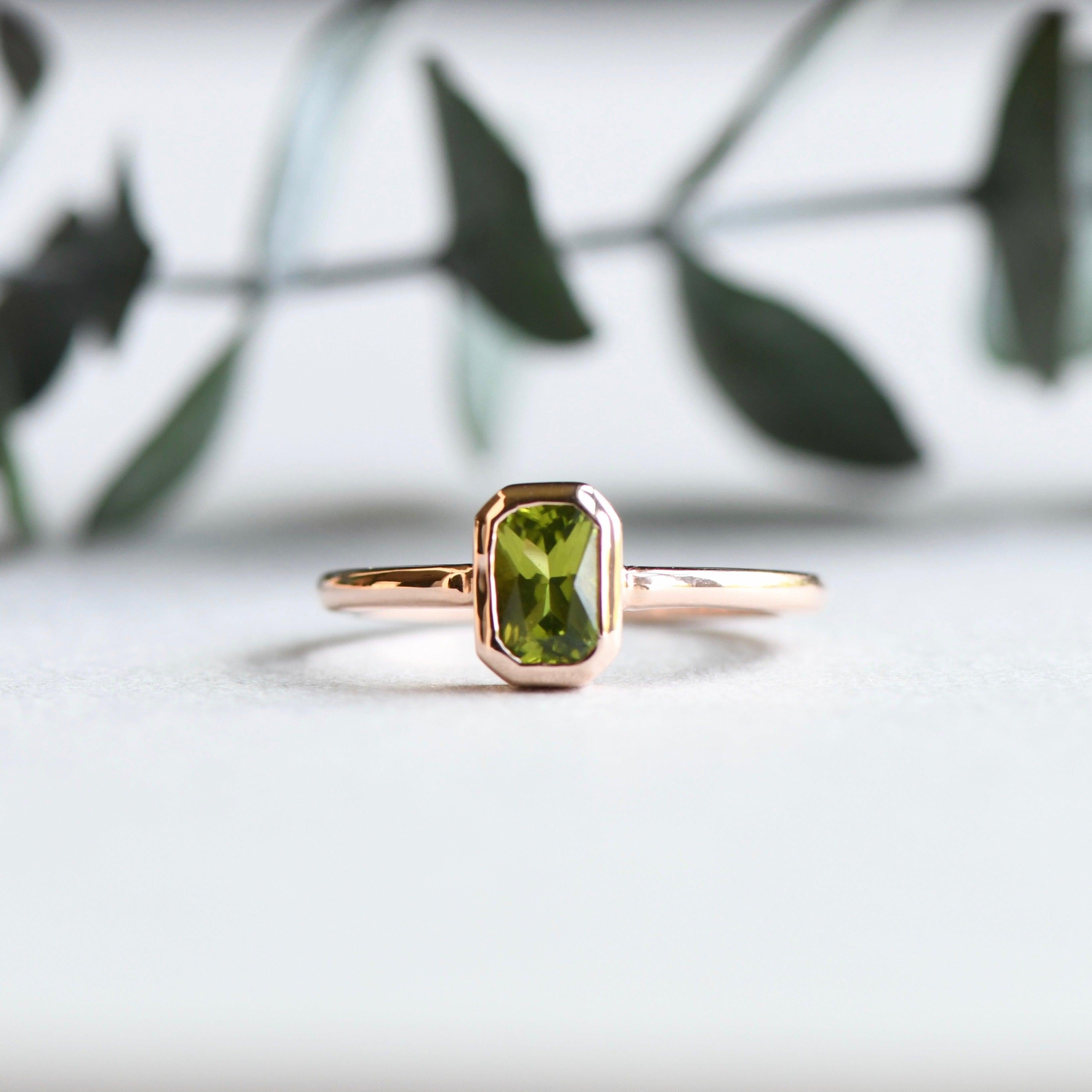 For Sale:  14k Peridot Solitaire Ring, Emerald Cut Rose Gold Ring 8