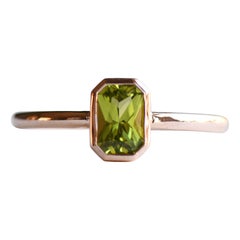 14k Peridot Solitaire Ring, Emerald Cut Rose Gold Ring