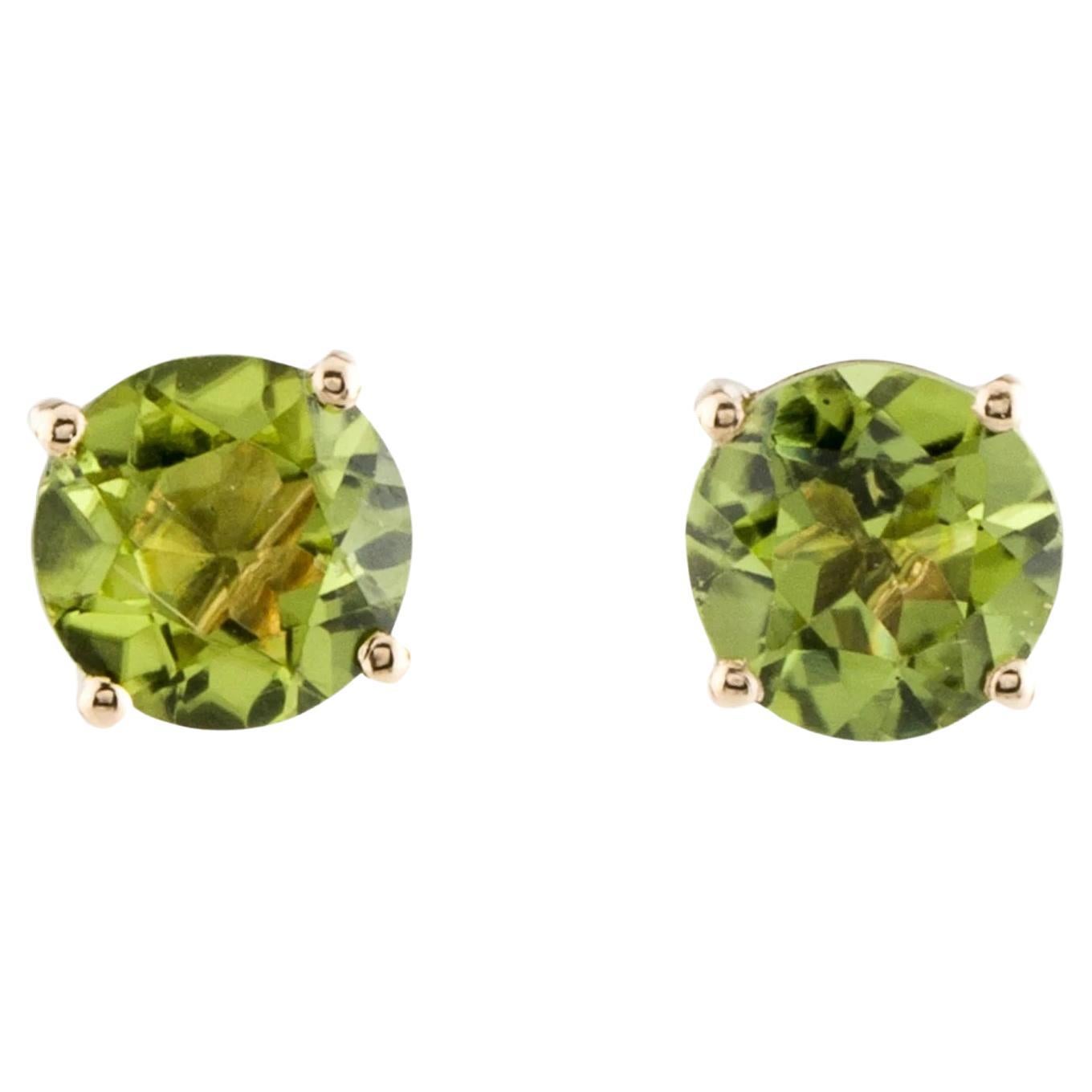 14K Peridot Stud Earrings, Round Modified Brilliant Gemstones For Sale