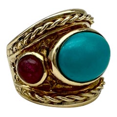 14K Persian Turquoise 
Rose Quartz Rope Yellow Gold Ring 21 mm Wide