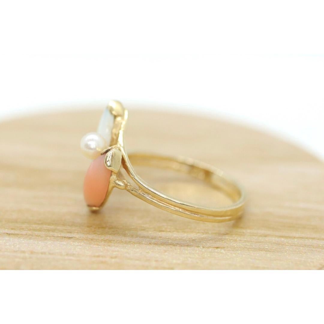Anello a grappolo con corallo rosa 14k, opale e perla. Navette Pesca corallo Opale in vendita 6