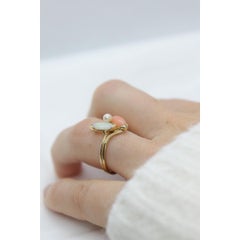 14k Pink Coral Opal and Pearl Cabochon cluster ring. Navette Peach coral Opal