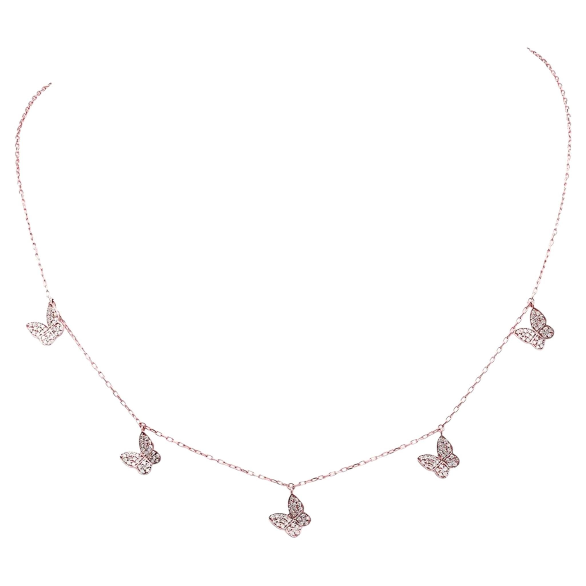 14K Pink Gold Diamond Whimsical Pave Butterfly Station Charm Necklace