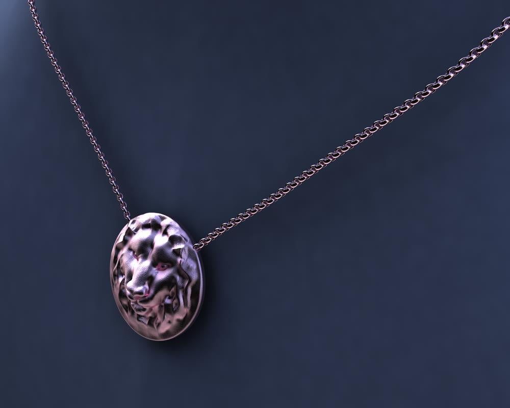 14k Pink Gold Lion Pendant,  Matte finish Lion, 21 mm diameter x 5.4 high on a 18 inch chain 1.5mm wide..
This is tumble finished with steel pins in order not to lose the lion details.
  This chain is for women, it is too fine for men. I would