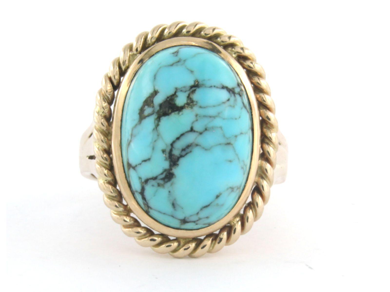 14k pink gold ring set with turquoise - ring size US. 8.5 - EU. 18.5 (58)

detailed description:

the top of the ring is 2.3 cm wide by 1.1 cm high

ring size US 8.5 - EU. 18.5 (58), ring can be enlarged or reduced a few sizes at cost price. Please
