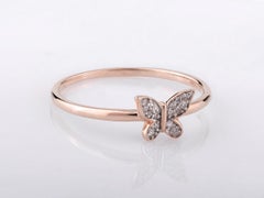 14K Pink Gold Round Cut Diamond Butterfly Motif Stackable Ring