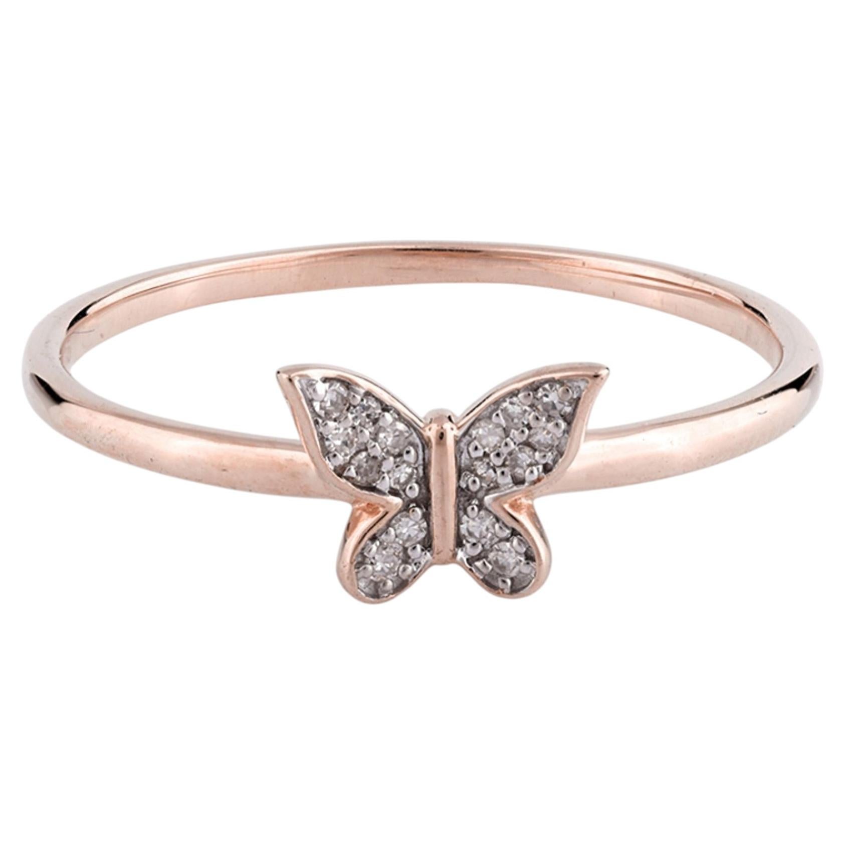 Stapelbarer Ring aus 14-karätigem Roségold mit Diamanten im Rundschliff und Schmetterlingsmotiv