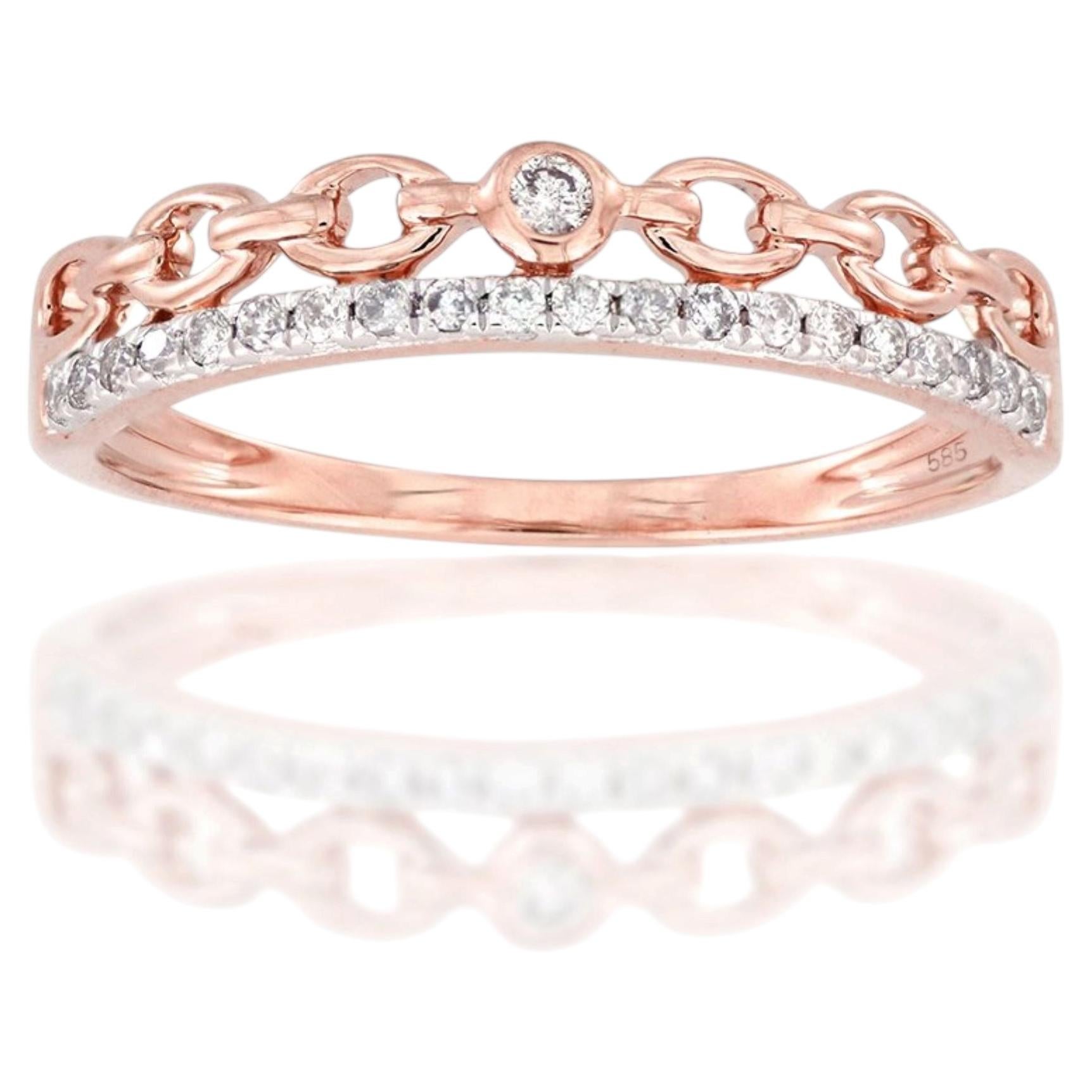 14K Pink Gold Round Cut Diamond Curb Link Chain Band Ring