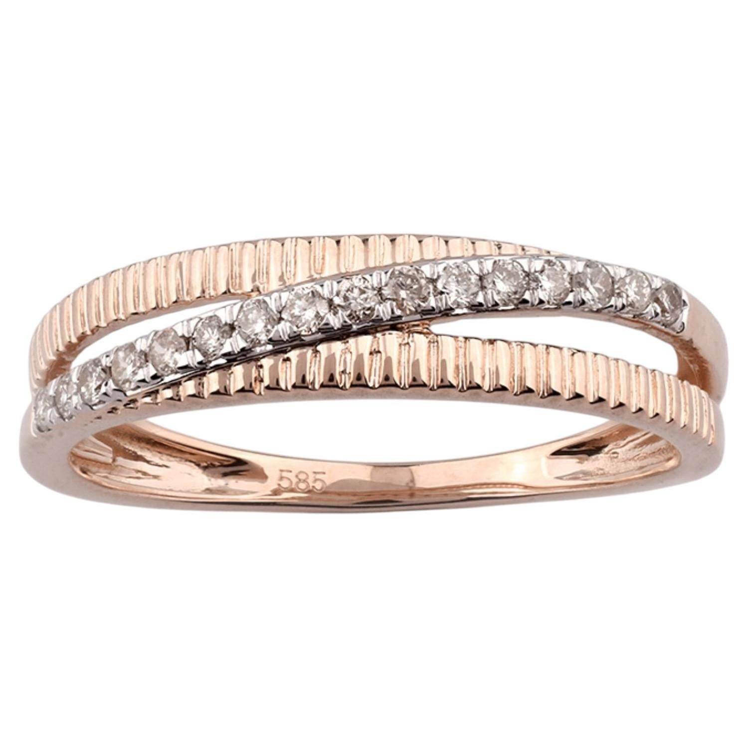 14K Pink Gold Round Cut Diamond Ribbed Crossover Ring