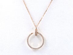 14K Pink Gold Round Diamond Nail Motif Circle Pendant Necklace
