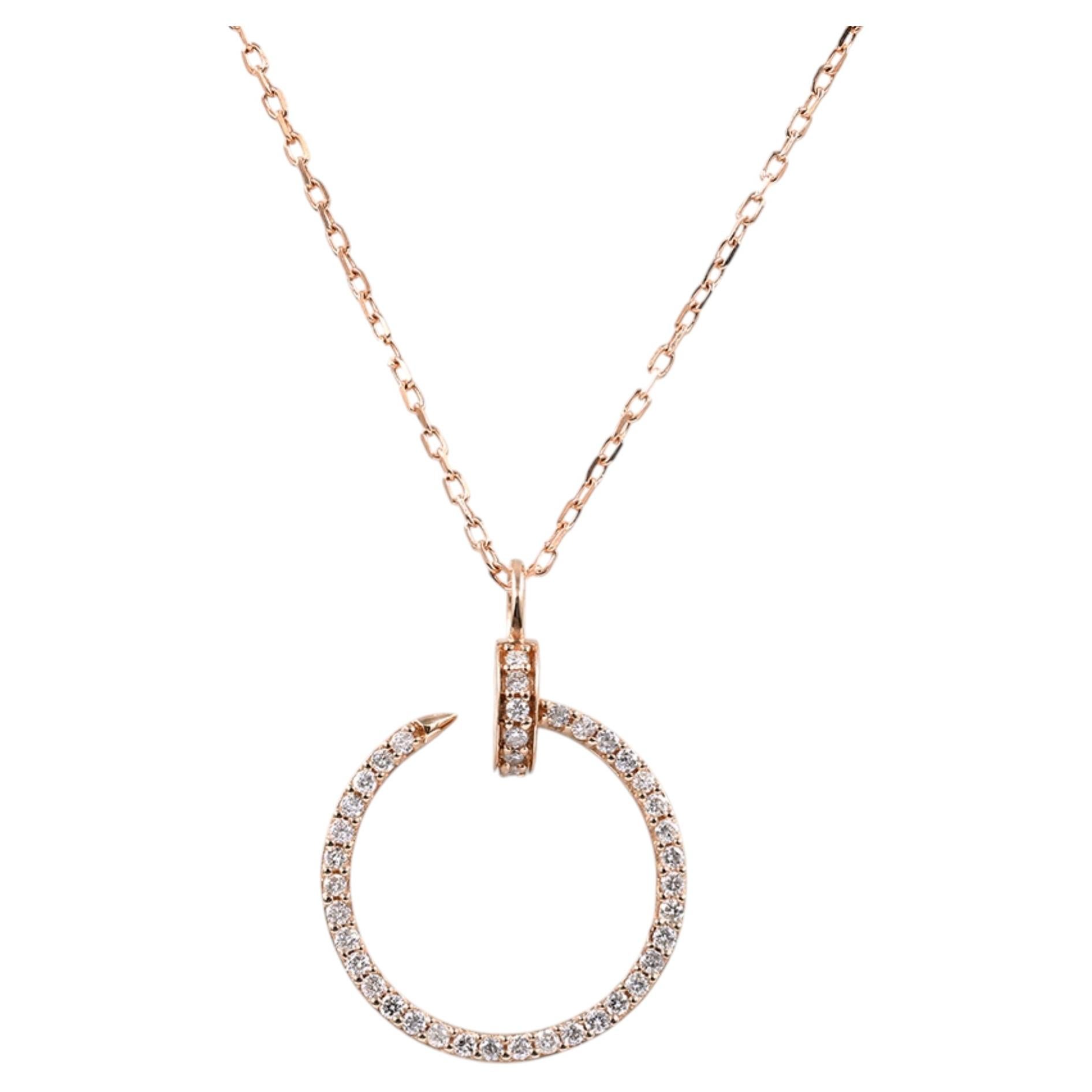 14K Pink Gold Round Diamond Nail Motif Circle Pendant Necklace