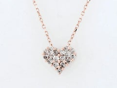 14K Pink Gold Round Diamond Pave Heart Cluster Pendant Necklace