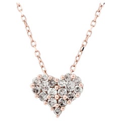14K Pink Gold Round Diamond Pave Heart Cluster Pendant Necklace