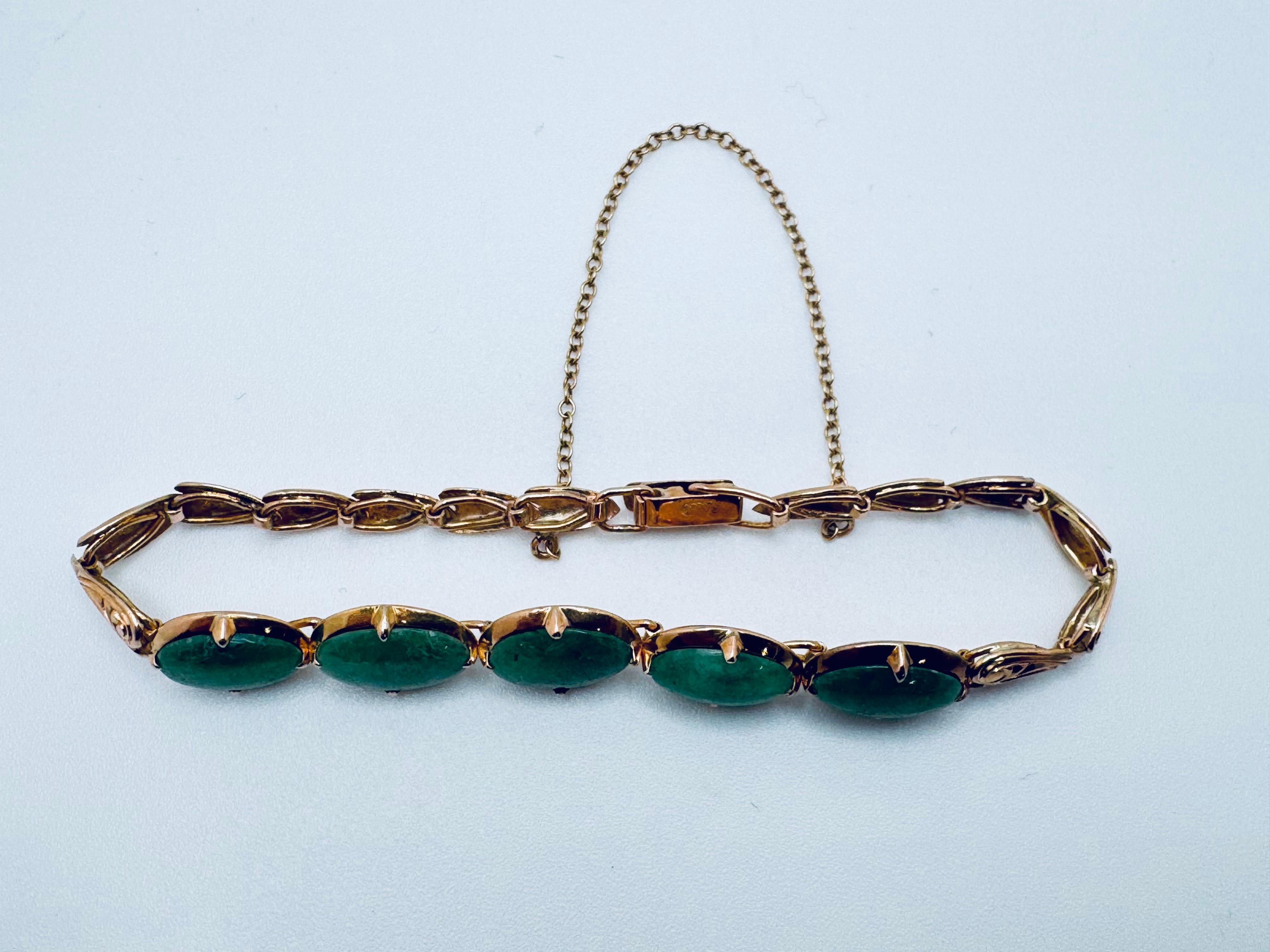 Pulsera de oro rosa de 14 quilates con eslabón especial de jade y cadena de seguridad Art Decó en venta