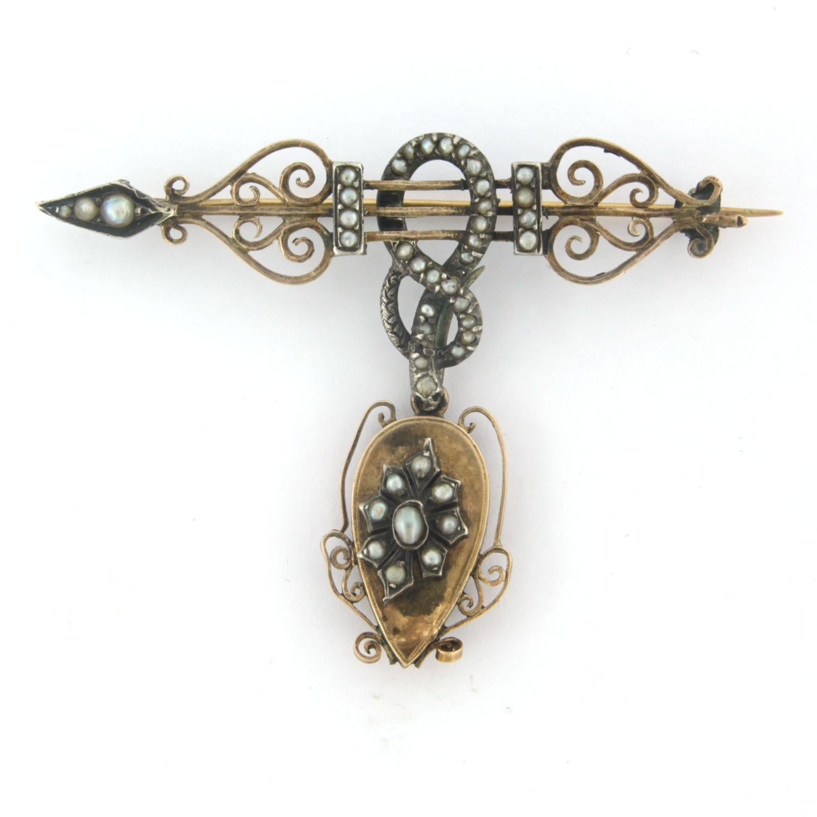 Bead 14k pink gold with silver brooch set with pearls For Sale