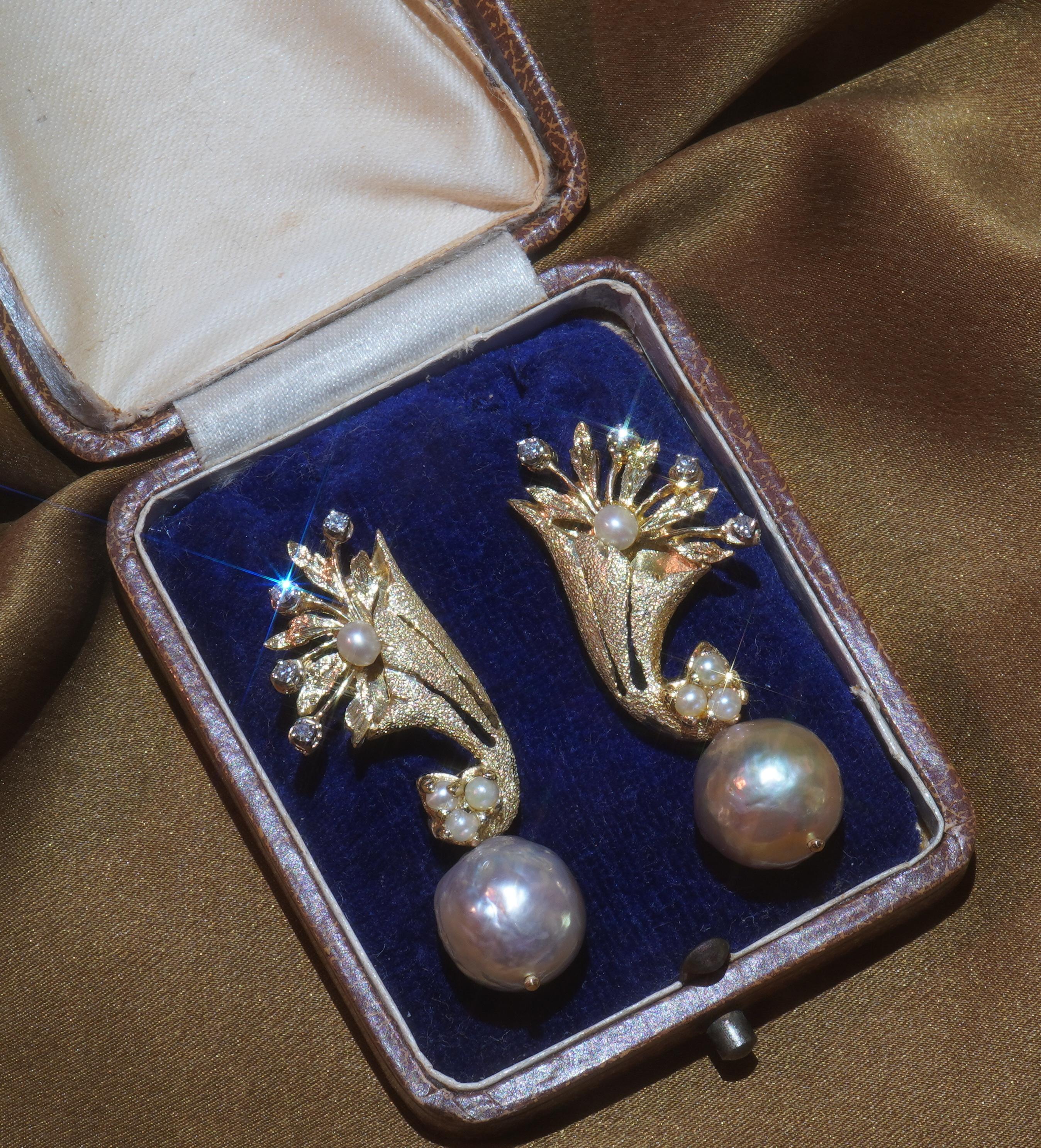 Round Cut 14K Pink Pearl Diamond Earrings Vintage Baroque Victorian Dangle Fine Gold Huge