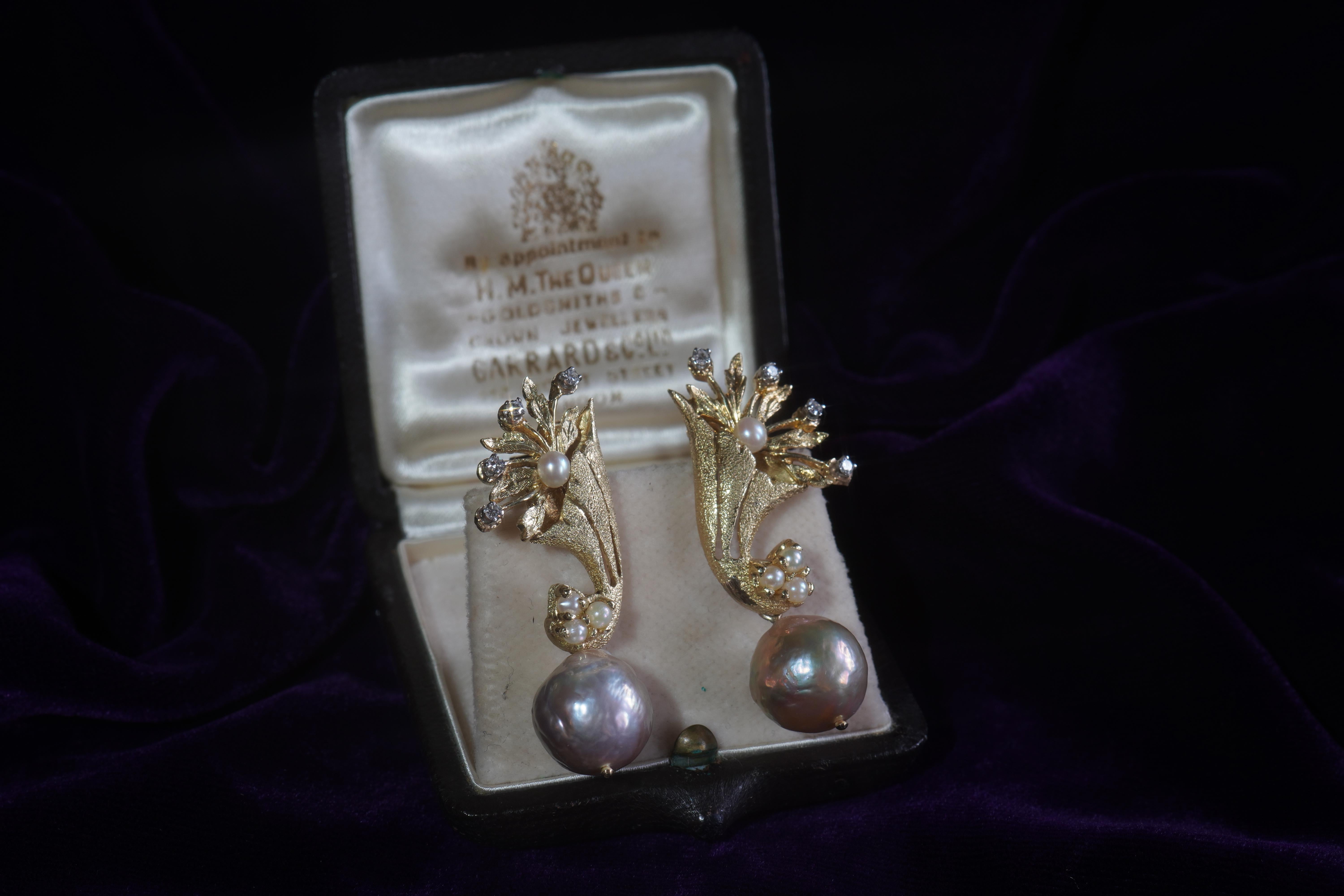 Women's 14K Pink Pearl Diamond Earrings Vintage Baroque Victorian Dangle Fine Gold Huge