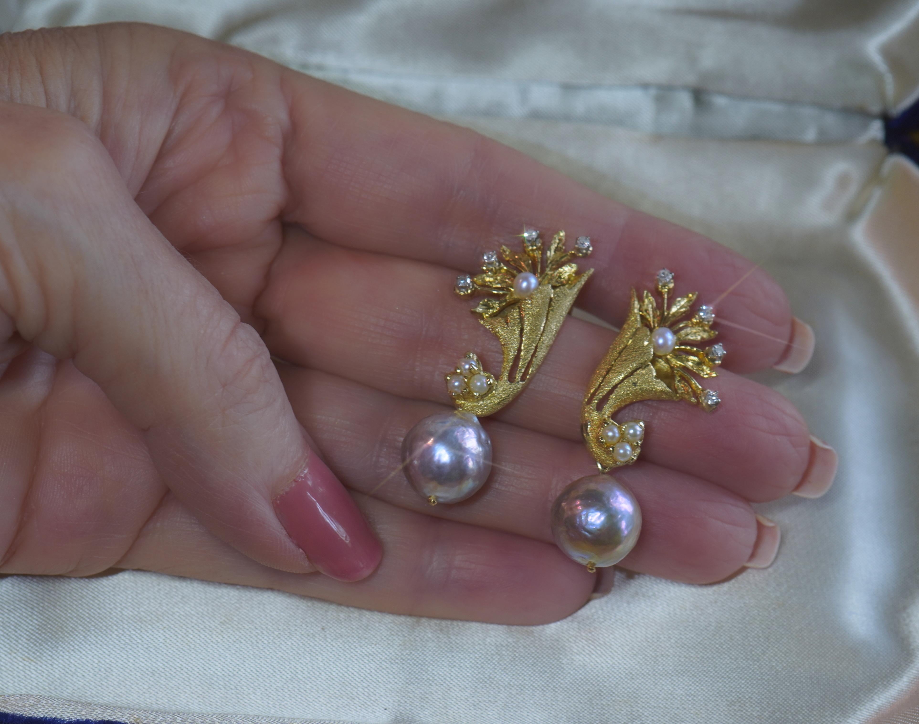 14K Pink Pearl Diamond Earrings Vintage Baroque Victorian Dangle Fine Gold Huge 1