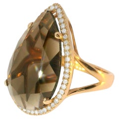 14K Pink Rose Gold Smokey Topaz Brown Quartz MicroPave Diamond Ring