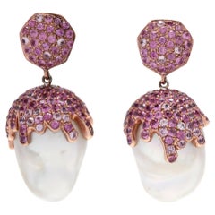 14K Pink Sapphire & Baroque Pearl Dangle Earrings