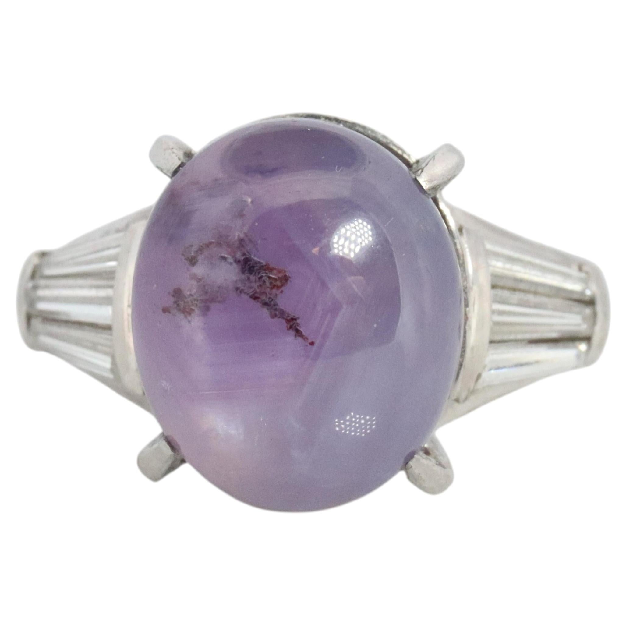 14k Purple Star Sapphire Natural Oval Cabochon ring. Sapphire Diamond ring.