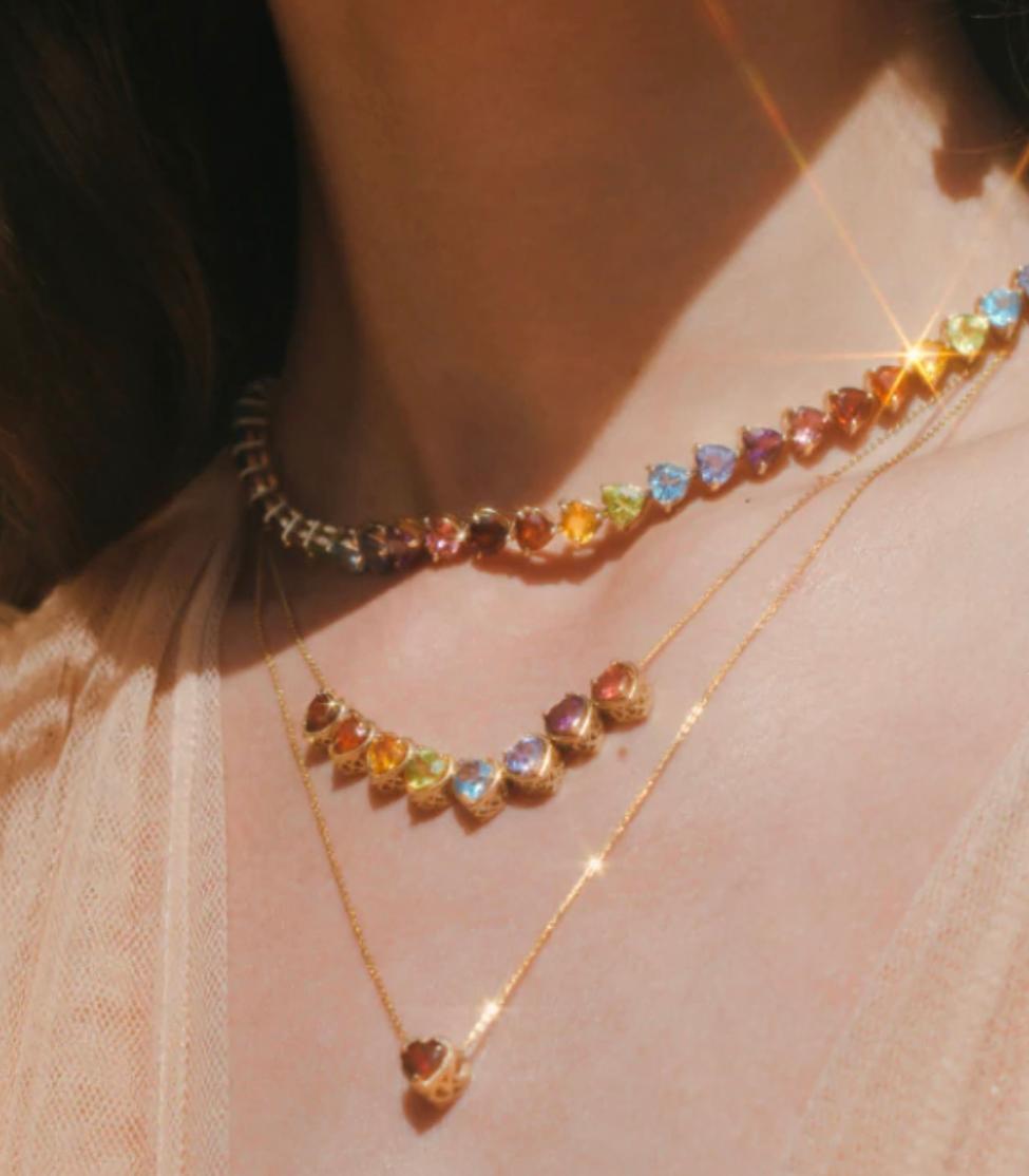 14K Regenbogen-Herz- Slider-Halskette für Damen oder Herren im Angebot