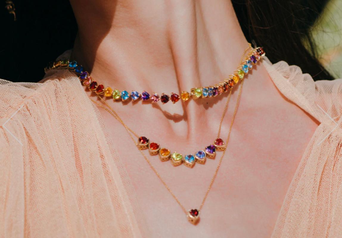 14K Rainbow Heart Slider Necklace For Sale 1