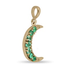 14K Real Natural Round Cut Emerald Prong Set Crescent Moon Gold Pendant Necklace