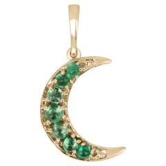 14K Real Natural Round Cut Emerald Prong Set Crescent Moon Gold Pendant Necklace