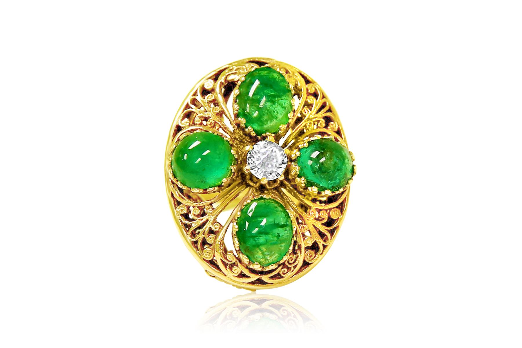 Cabochon 14K Real Vintage 8.50 CARAT Emerald And Diamond Ring For Sale