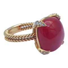 14K Red Coral Sugarloaf & Diamond Pink Gold Ring