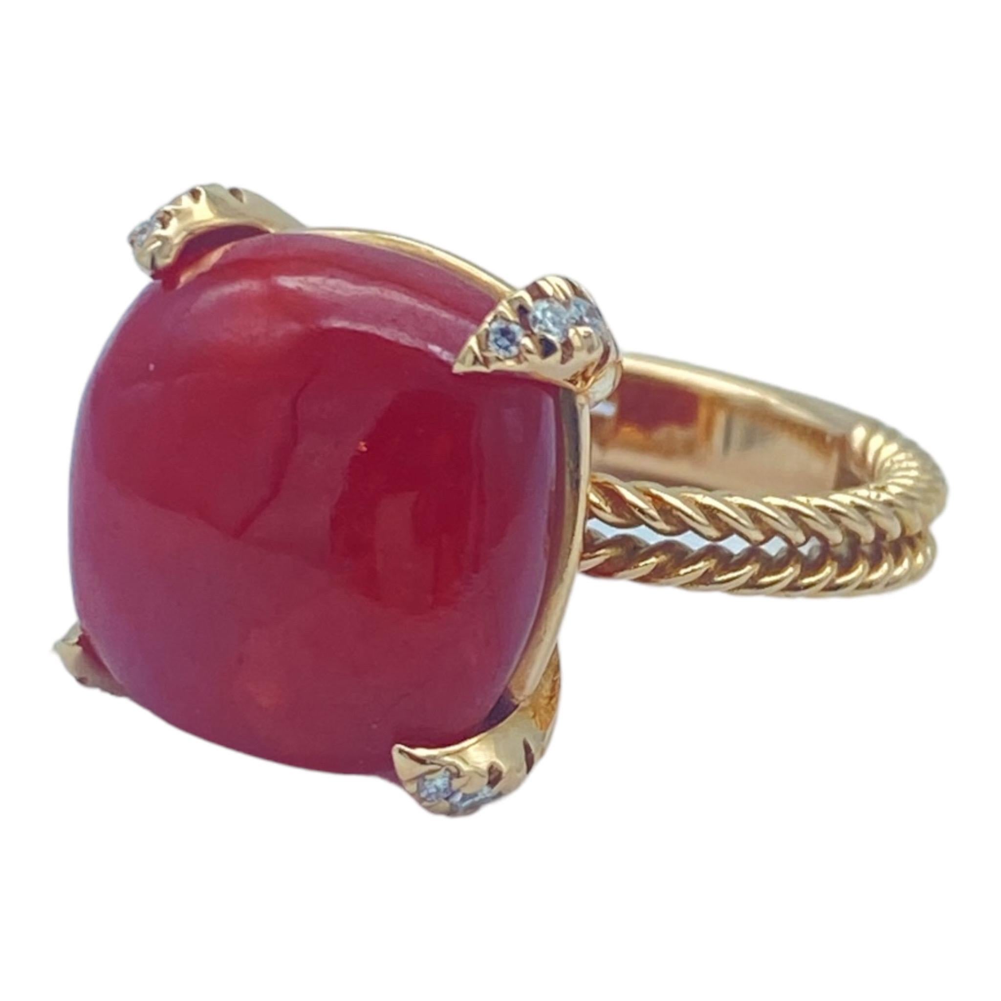 Modernist 14K Red Coral Sugarloaf & Diamond Pink Gold Ring  For Sale