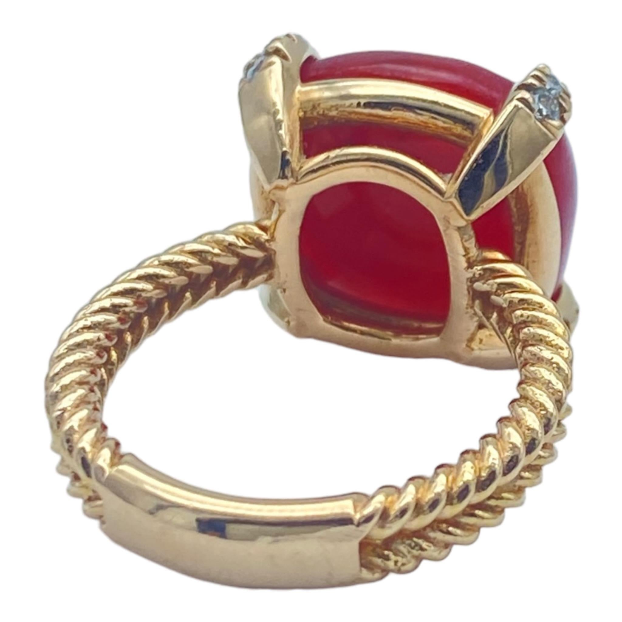 Modernist 14K Red Coral Sugarloaf & Diamond Pink Gold Ring For Sale