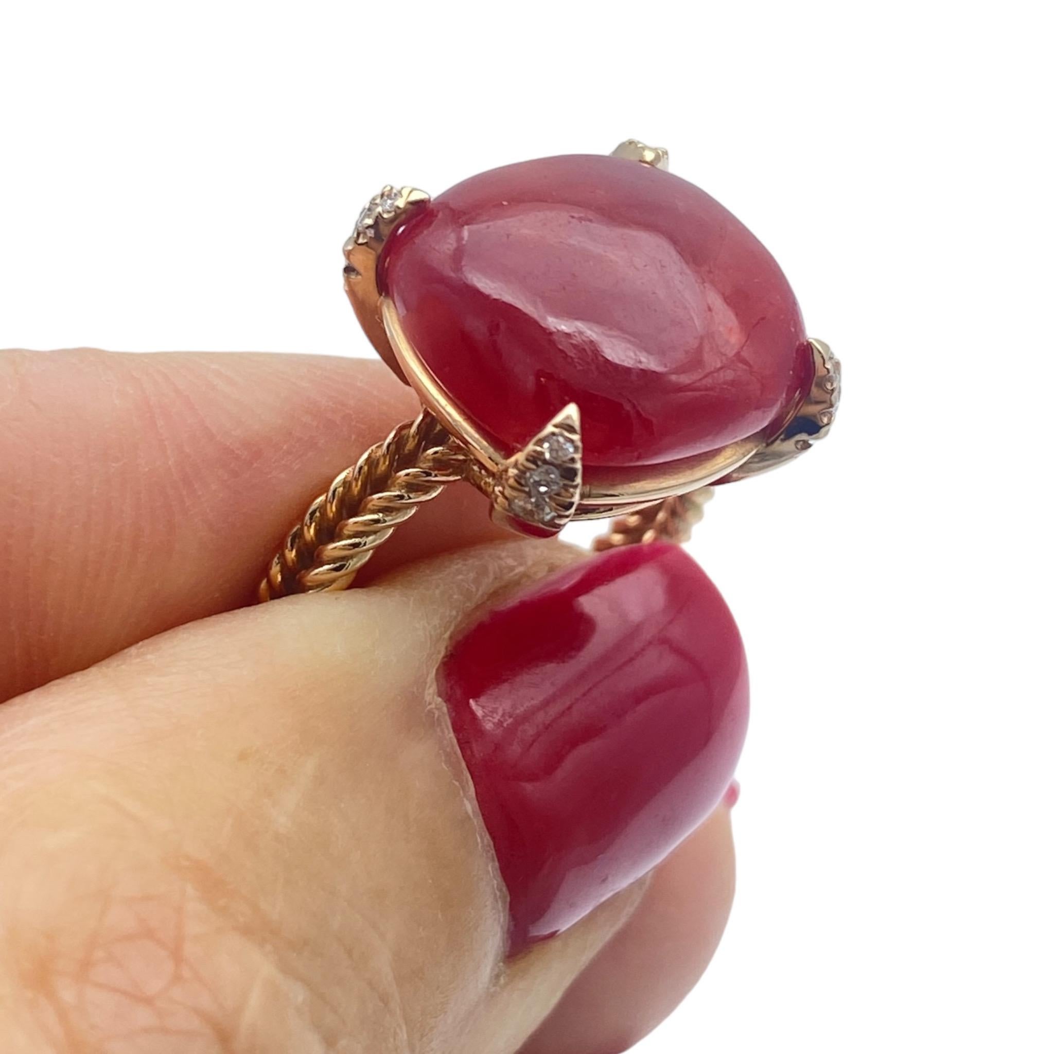 14K Red Coral Sugarloaf & Diamond Pink Gold Ring  In New Condition For Sale In Laguna Hills, CA