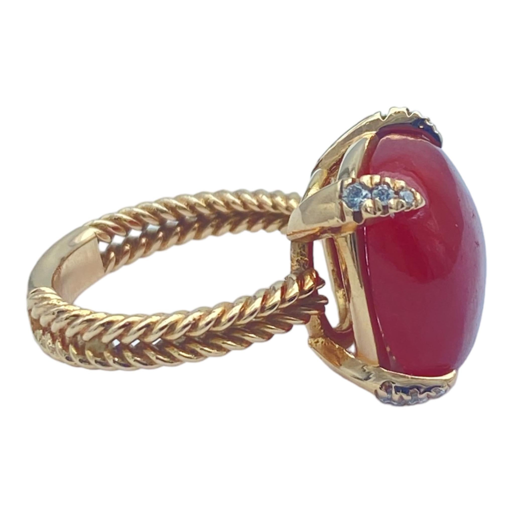 14K Red Coral Sugarloaf & Diamond Pink Gold Ring  For Sale 2