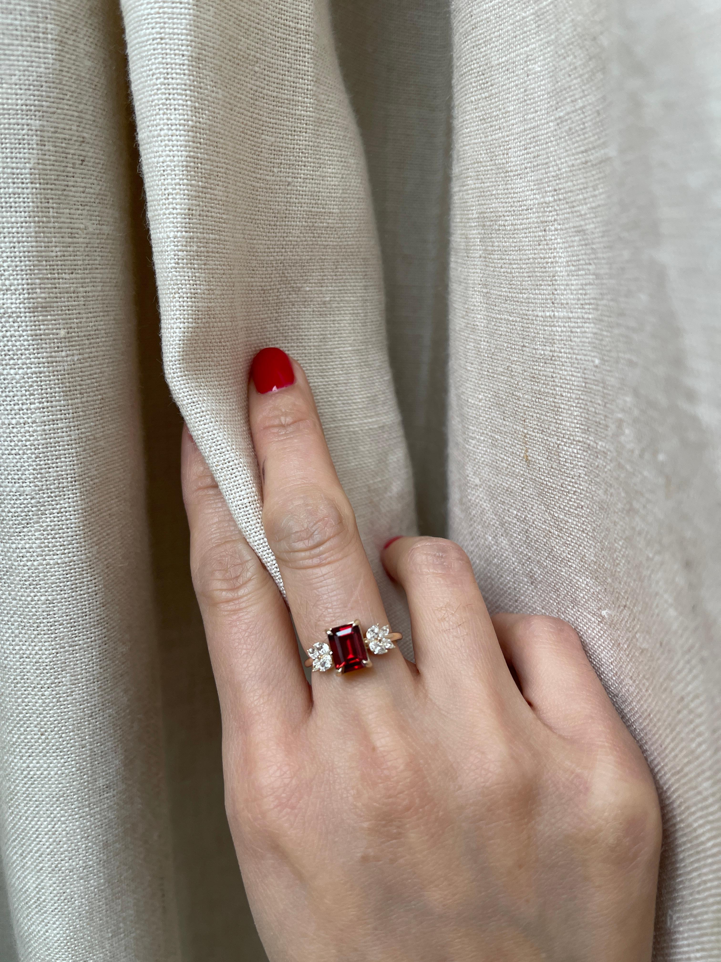 Emerald Cut 14K Red Garnet Diamond Engagement Ring For Sale