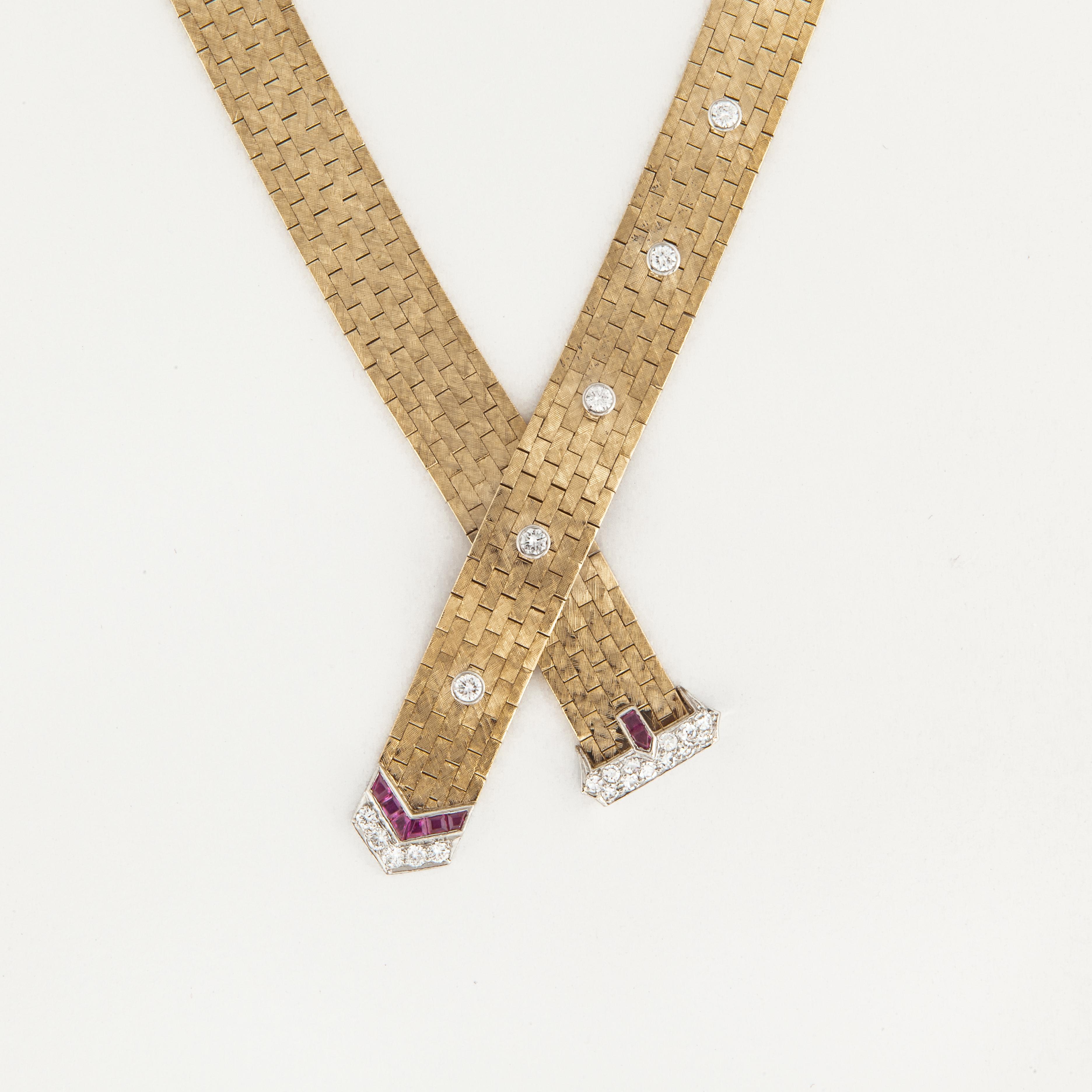 Mixed Cut Retro Buckle Necklace with Diamonds and Rubies in 14K Gold For Sale