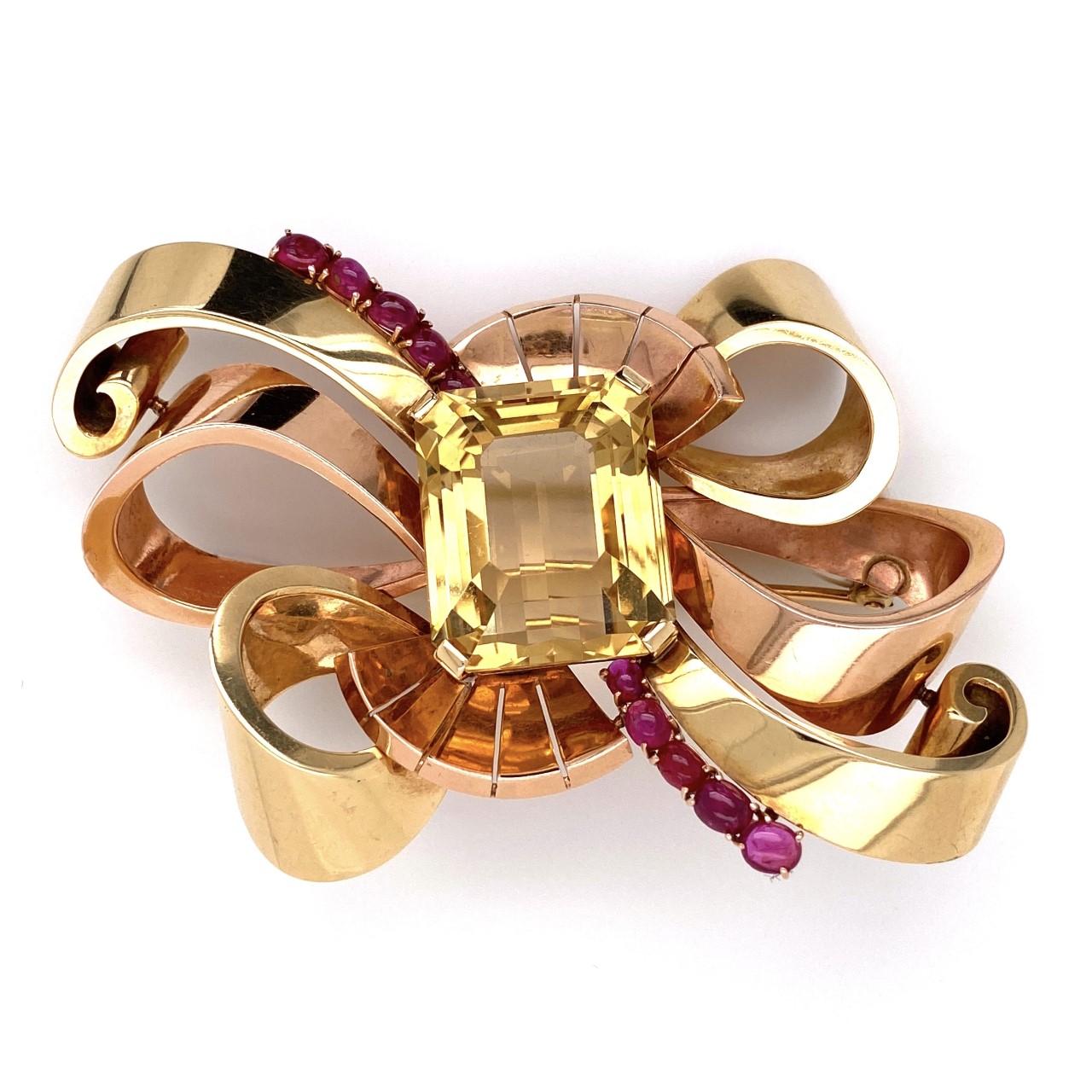 Cabochon 14 Karat Retro Green and Rose Gold Brooch with 49 Carat Citrine and Rubies 41.6g