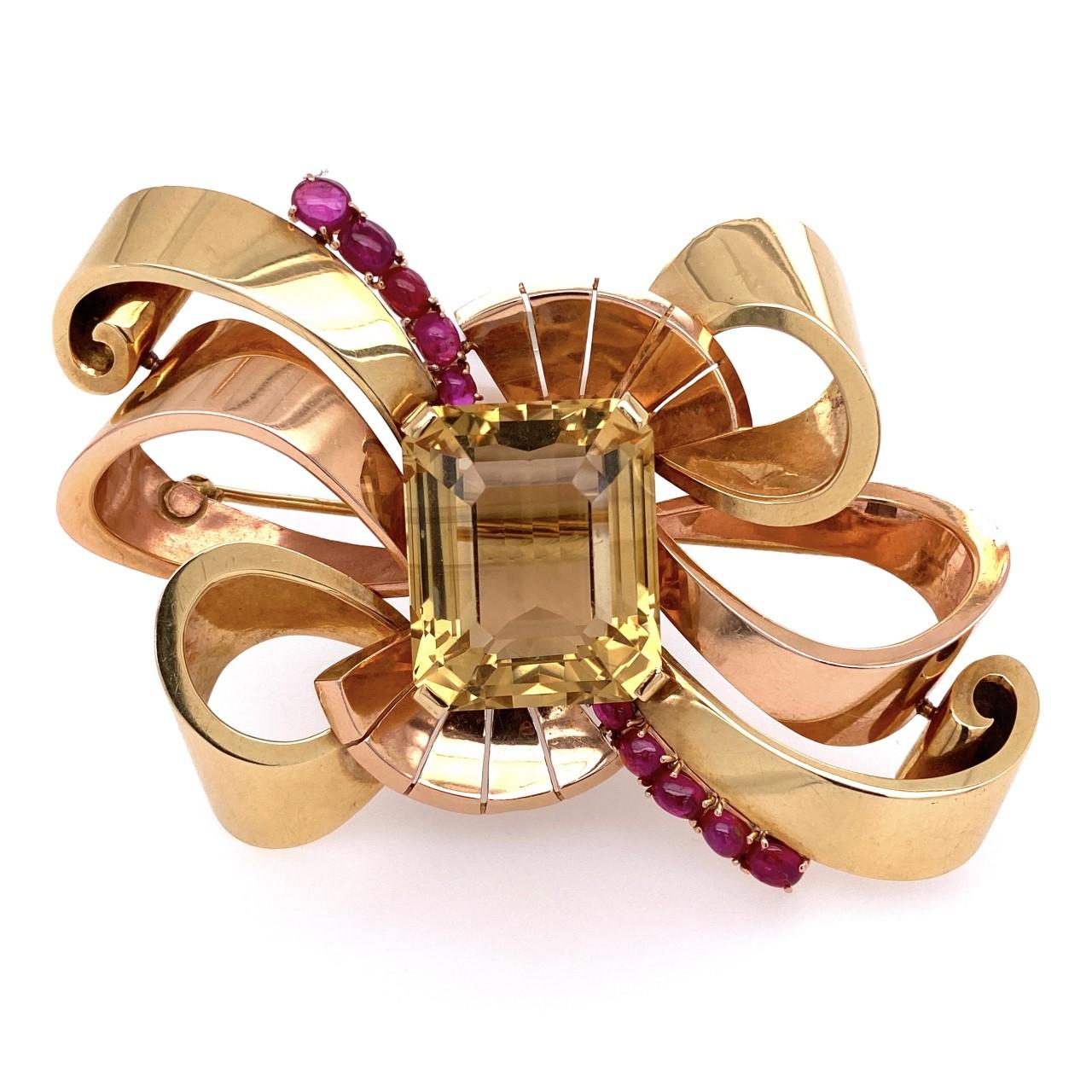 14 Karat Retro Green and Rose Gold Brooch with 49 Carat Citrine and Rubies 41.6g In Excellent Condition In Miami, FL