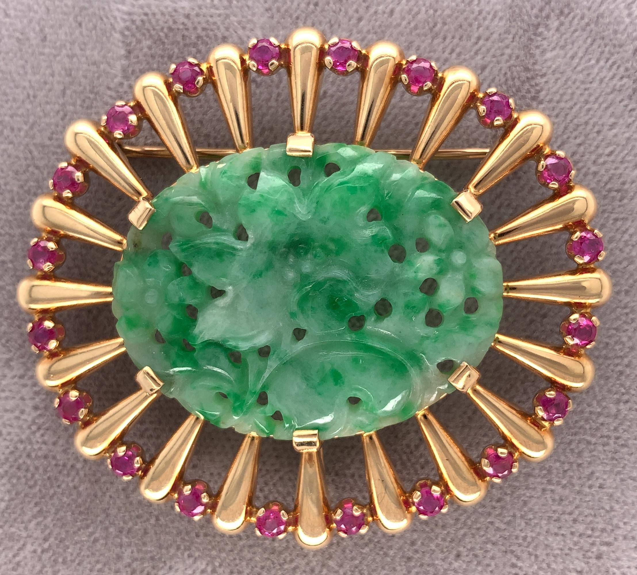 14K yellow gold carved jade and ruby Retro pin with bail to be worn as a pendant made by Wordley, Allsopp and Bliss (WAB). WAB produced top quality  jewelry and were the main suppliers for Tiffany & Co in the 1940's and 1950's and many of their