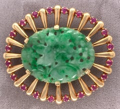 14K Retro Jadeite Jade and Ruby Pin GIA Report