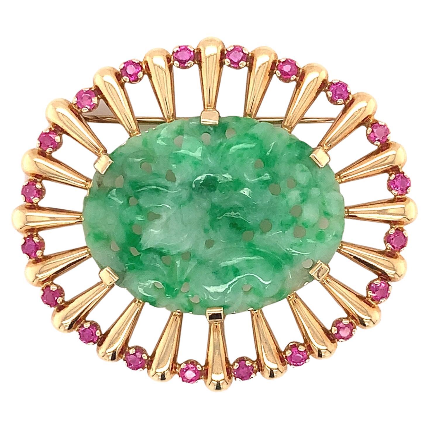 14K Retro Jadeite Jade and Ruby Pin GIA Report