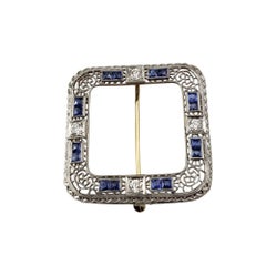 14K Rhodium Finish Yellow Gold Sapphire and Diamond Filigree Brooch  #21774