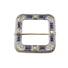 14K Rhodium Finish Yellow Gold Sapphire and Diamond Filigree Brooch  #21774
